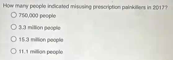 How many people indicated misusing prescription painkillers in 2017?
750,000 people
3.3 million people
15.3 million people
11.1 million people