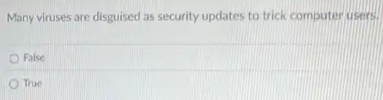 Many viruses are disguised as security updates to trick computer users.
False
True