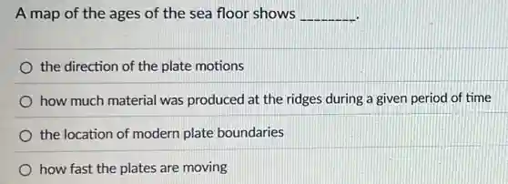 A map of the ages of the sea floor shows __
the direction of the plate motions
how much material was produced at the ridges during a given period of time
the location of modern plate boundaries
how fast the plates are moving