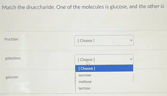 Match the disaccharide One of the molecules is glucose, and the other is
fructose
square 
galactose
square 
[Choose]
[Choose]
sucrose
maltose
glucose