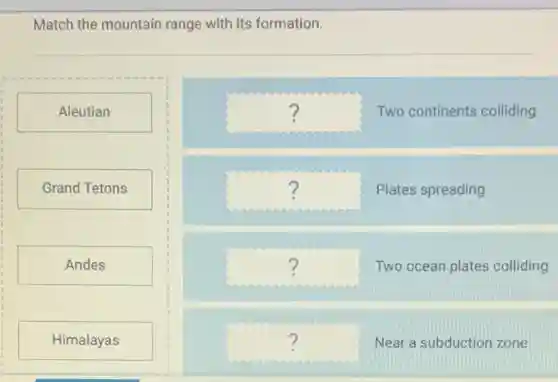 Match the mountain range with its formation.
Aleutian
Grand Tetons
Andes
Himalayas
square  Two continents colliding ?
square  Plates spreading ?
square  Two ocean plates colliding ?
square  Near a subduction zone ?
