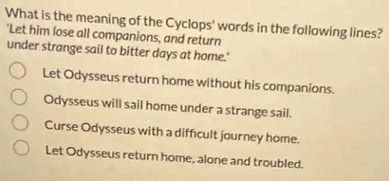 What is the meaning of the Cyclops' words in the following lines?
"Let him lose all companions, and return
under strange sail to bitter days at home.
Let Odysseus return home without his companions.
Odysseus will sail home under a strange sail.
Curse Odysseus with a difficult journey home.
Let Odysseus return home alone and troubled.