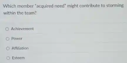 Which member "acquired need"might contribute to storming
within the team?
Achievement
Power
Affiliation
Esteem