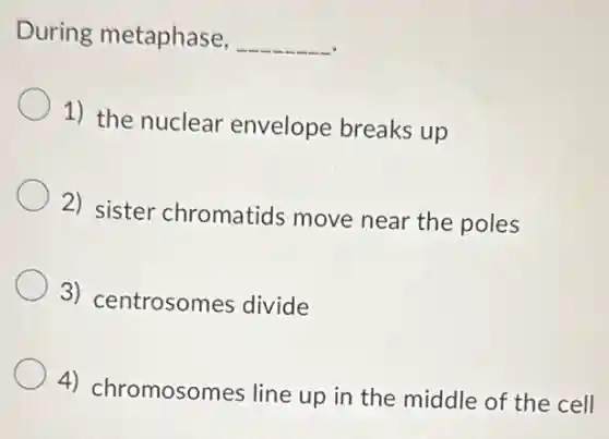 During metaphase, __
1) the nuclear envelope breaks up
2) sister chromatids move near the poles
3) centrosomes divide
4) chromosomes line up in the middle of the cell