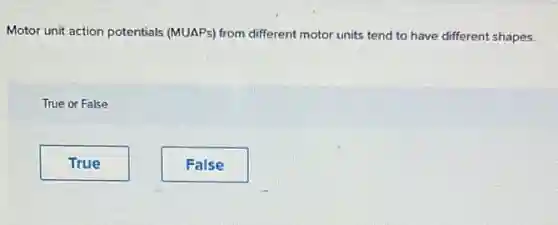 Motor unit action potentials (MUAPs) from different motor units tend to have different shapes.
True or False
True
False