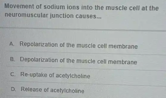 Movement of sodium ions into the muscle cell at the
neuromuscular junction causes __
A. Repolarization of the muscle cell membrane
B. Depolarization of the muscle cell membrane
C. Re-uptake of acetylcholine
D. Release of acetylcholine