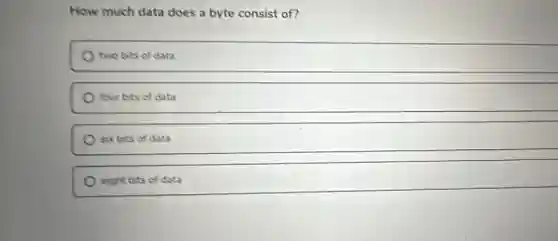 How much data does a byte consist of?
two bits of data
four bits of data
six bits of data
eight bits of data
