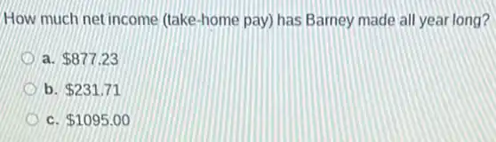 How much net income (take-home pay) has Barney made all year long?
a 877.23
b. 231.71
C 1095.00