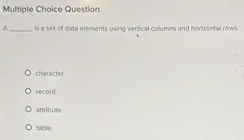 Multiple Choice Question
A __ is a set of data elements using vertical columns and horizontal rows.
character
record
attribute
table