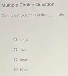 Multiple Choice Question
During a stroke, cells in the __ die.
lungs
liver
heart
brain