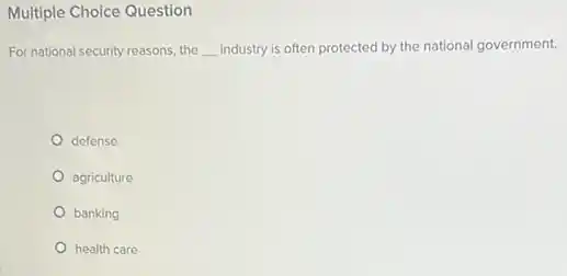 Multiple Choice Question
For national security reasons the __ industry is often protected by the national government.
defense
agriculture
banking
health care