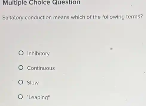 Multiple Choice Question
Saltatory conduction means which of the following terms?
Inhibitory
Continuous
Slow
"Leaping"