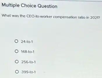 Multiple Choice Question
What was the CEO to-worker compensation ratio in 2021?
24-to -1
148-to-1
256-to-1
399-to-1