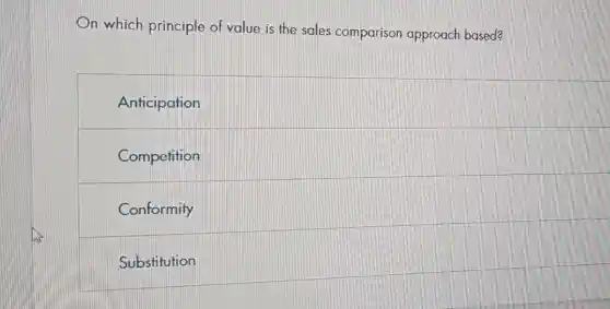 n which principle of value is the sales comparison approach based?
Anticipation
Competition
Conformity
Substitution