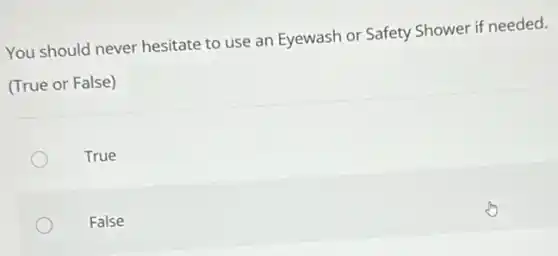 You should never hesitate to use an Eyewash or Safety Shower if needed.
(True or False)
True
False