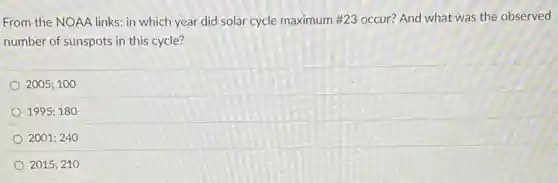 From the NOAA links:in which year did solar cycle maximum #23 occur? And what was the observed
number of sunspots in this cycle?
2005;100
1995;180
2001;240
2015;210