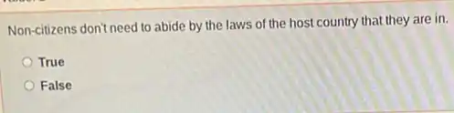 Non-citizens don't need to abide by the laws of the host country that they are in.
True
False