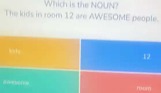Which is the NOUN?
The kids in room 12 are AWESOME people.
kids
12
awesome
room