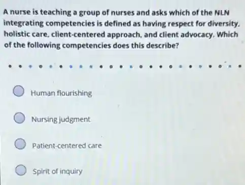 A nurse is teaching a group of nurses and asks which of the NLN
integrating competencies is defined as having respect for diversity.
holistic care, client-centered approach, and client advocacy.Which
of the following competencies does this describe?
Human flourishing
Nursing judgment
Patient-centered care
Spirit of inquiry