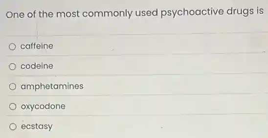 One of the most commonly used psychoactive drugs is
caffeine
codeine
amphetamines
oxycodone
ecstasy