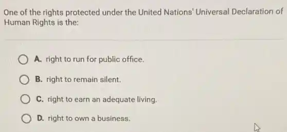 One of the rights protected under the United Nations' Universal Declaration of
Human Rights is the:
A. right to run for public office.
B. right to remain silent.
C. right to earn an adequate living.
D. right to own a business.