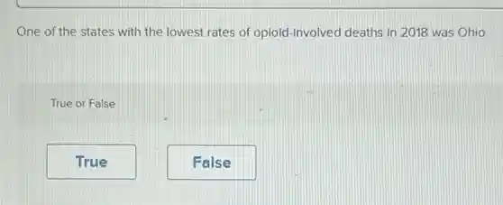 One of the states with the lowest rates of opioid-involved deaths in 2018 was Ohio.
True or False
True
False