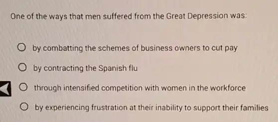 One of the ways that men suffered from the Great Depression was:
by combatting the schemes of business owners to cut pay
by contracting the Spanish flu
through intensified competition with women in the workforce
by experiencing frustration at their inability to support their families