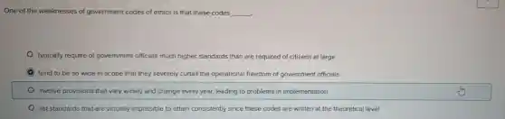 One of the weaknesses of government codes of ethics is that these codes __
typically require of government officials much higher standards than are required of citizens at large
C tend to be so wide in scope that they severely curtail the operational freedom of government officials
involve provisions that v vary widely and change every year.leading to problems in implementation
list standards that are virtually impossible to attain consistently since these codes are written at the theoretical level