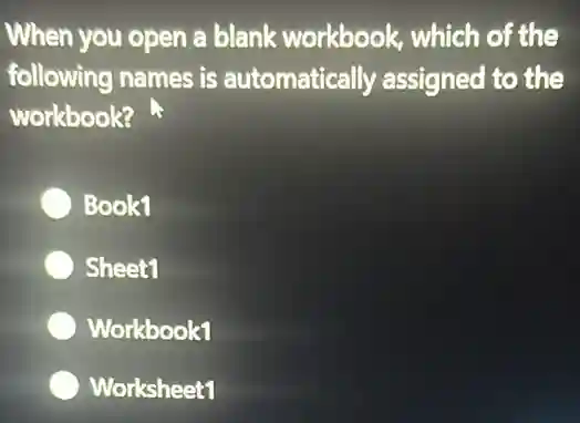 When you open a blank workbook , which of the
following names is automatically assigned to the
workbook?
Book1
Sheet1
Workbook1
Worksheet1