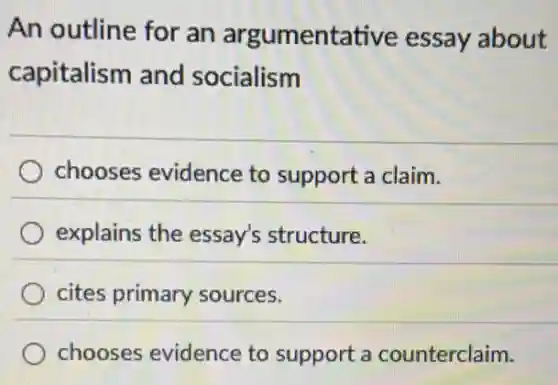 An outline for an argumentative essay about
capitalism and socialism
chooses evidence to support a claim.
explains the essay's structure.
cites primary sources.
chooses evidence to support a counterclaim.