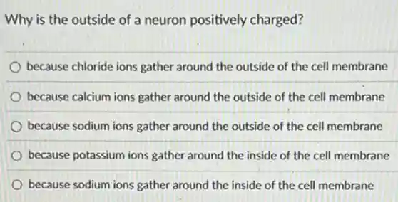 Why is the outside of a neuron positively charged?
because chloride ions gather around the outside of the cell membrane
because calcium ions gather around the outside of the cell membrane
because sodium ions gather around the outside of the cell membrane
because potassium ions gather around the inside of the cell membrane
because sodium ions gather around the inside of the cell membrane