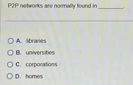 P2P networks are normally found in __
A. libraries
B. universities
C. corporations
D. homes