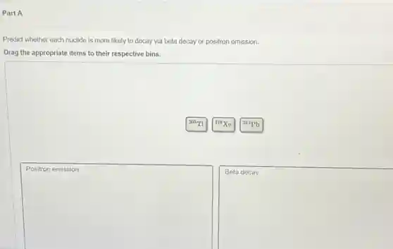Part A
Predict whether each nuclide is more likely to decay via beta decay or positron emission.
Drag the appropriate items to their respective bins.
square 
disappointed
square 
disappointed
