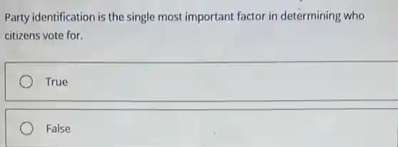 Party identification is the single most important factor in determining who
citizens vote for.
True
False