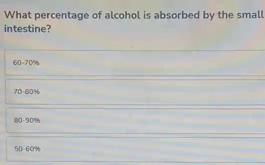 What percentage of alcohol is absorbed by the small
intestine?
60-70% 
70-80% 
80-90% 
50-60%