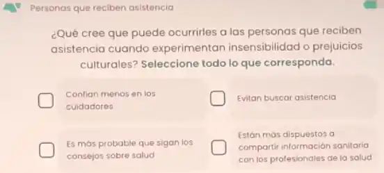 Personas que reciben asistencia
¿Qué cree que puede ocurrirles a los personas que reciben
asistencia cuando experimentan insensibilidad o prejuicios
culturales? Seleccione todo lo que corresponda.
Conlian menos en los
cuidadores
Evitan buscar asistencia
Es más probable que sigan los
consejos sobre salud
Están más dispuestos a
compartir información sanitaria
con los profesionales de la salud