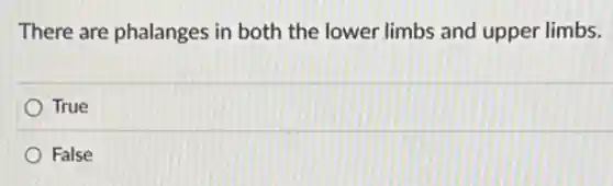 There are phalanges in both the lower limbs and upper limbs.
True
False