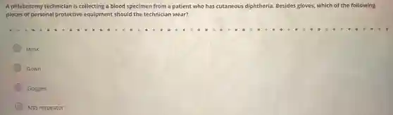 A phlebotomy technician is collecting a blood specimen from a patient who has cutaneous diphtheria.Besides gloves, which of the following
pieces of personal protective equipment should the technician wear?
Mask
Gown
Goggles
N95 respirator