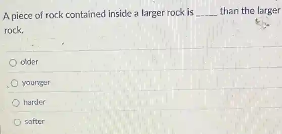 A piece of rock contained inside a larger rock is __ than the larger
rock.
older
younger
harder
softer