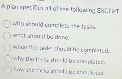 A plan specifies all of the following EXCEPT
who should complete the tasks.
what should be done.
when the tasks should be completed.
why the tasks should be completed.
how the tasks should be completed.