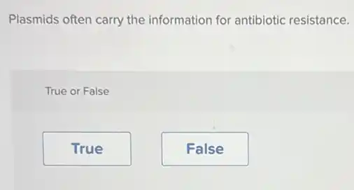 Plasmids often carry the information for antibiotic resistance.
True or False
True
False