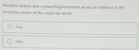 Pluralists believe that a powerful government serves as a balance to the
enormous power of the corporate world.
True
False
