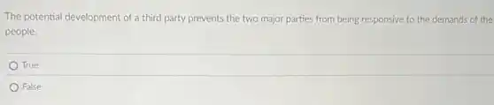 The potential development of a third party prevents the two major parties from being responsive to the demands of the
people.
True
False