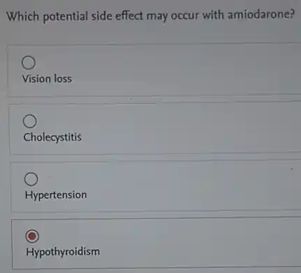 Which potential side effect may occur with amiodarone?
Vision loss
Cholecystitis
Hypertension
Hypothyroidism