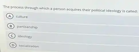 The process through which a person acquires their political ideology is called:
A culture
B partisanship
C ideology
D socialization