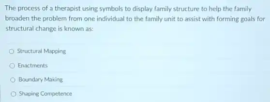 The process of a therapist using symbols to display family structure to help the family
broaden the problem from one individual to the family unit to assist with forming goals for
structural change is known as:
Structural Mapping
Enactments
Boundary Making
Shaping Competence