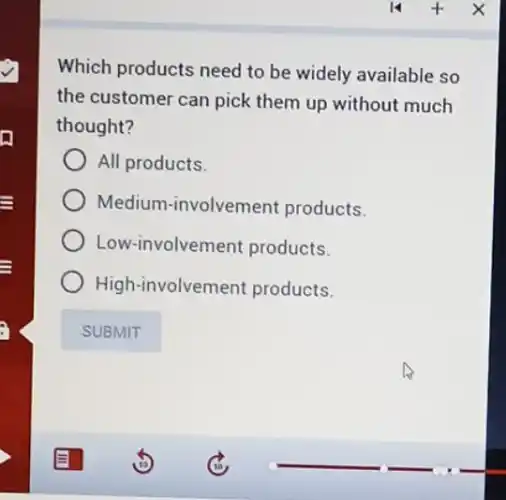 Which products need to be widely available so
the customer can pick them up without much
thought?
All products
Medium-involvement products.
Low-involvement products.
High-involvement products.