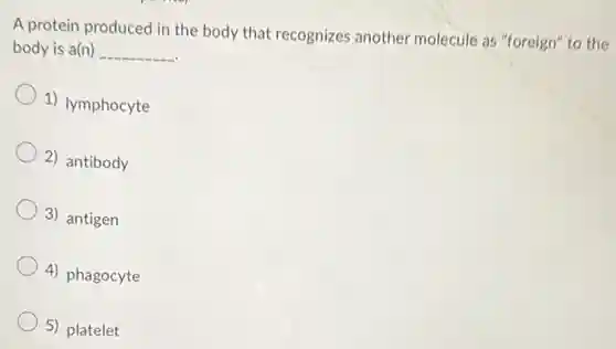 A protein produced in the body that recognizes another molecule as "foreign" to the
body is a(n) __
1) lymphocyte
2) antibody
3) antigen
4) phagocyte
5) platelet