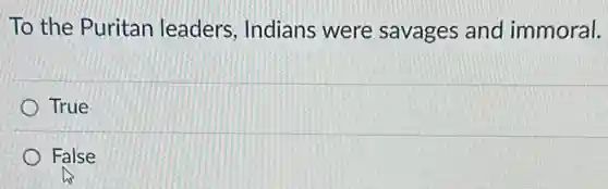 To the Puritan leaders, Indians were savages and immoral.
True
False