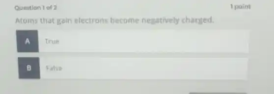 Question 1 of 2
Atoms that gain electrons become negatively charged.
A
True
B
False
1 point
